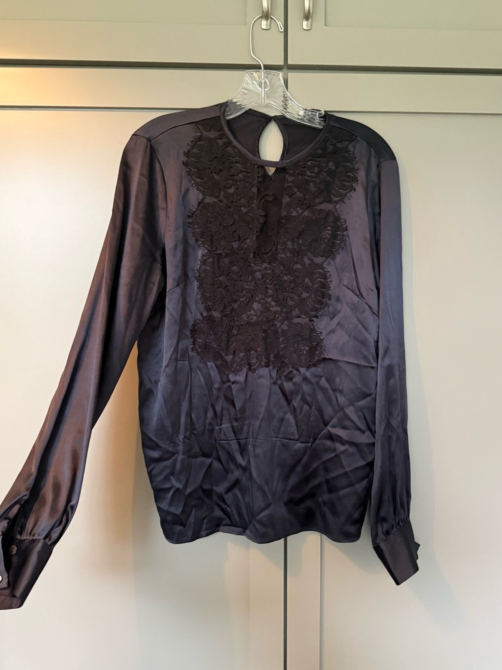 P.A.R.O.S.H. Long-Sleeve Black Satin Blouse - Lace Chest & Back Keyhole Closure